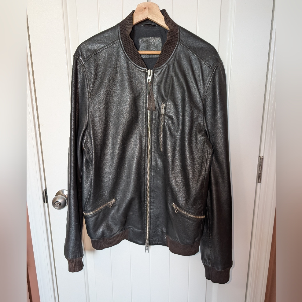 All Saints Kino Oversized Leather Bomber Jacket Men’s Xlarge Black/Brown